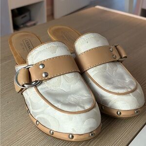 Coach Women's White and Tan Mules with Buckle Detail